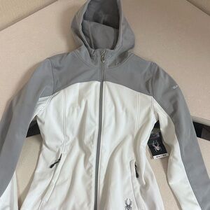 Spyder Hooded Jacket Women’s Small Gray White Softshell Fleece Lined NWT